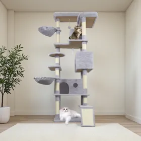 84.6 In Light Gray Cat Tree Tower With Wide Base, 3 Large Hinding Condo, 11 Sisal Scratching Post, Sisal Scratching Ladder, 2 Hammocks, Large Top Plat
